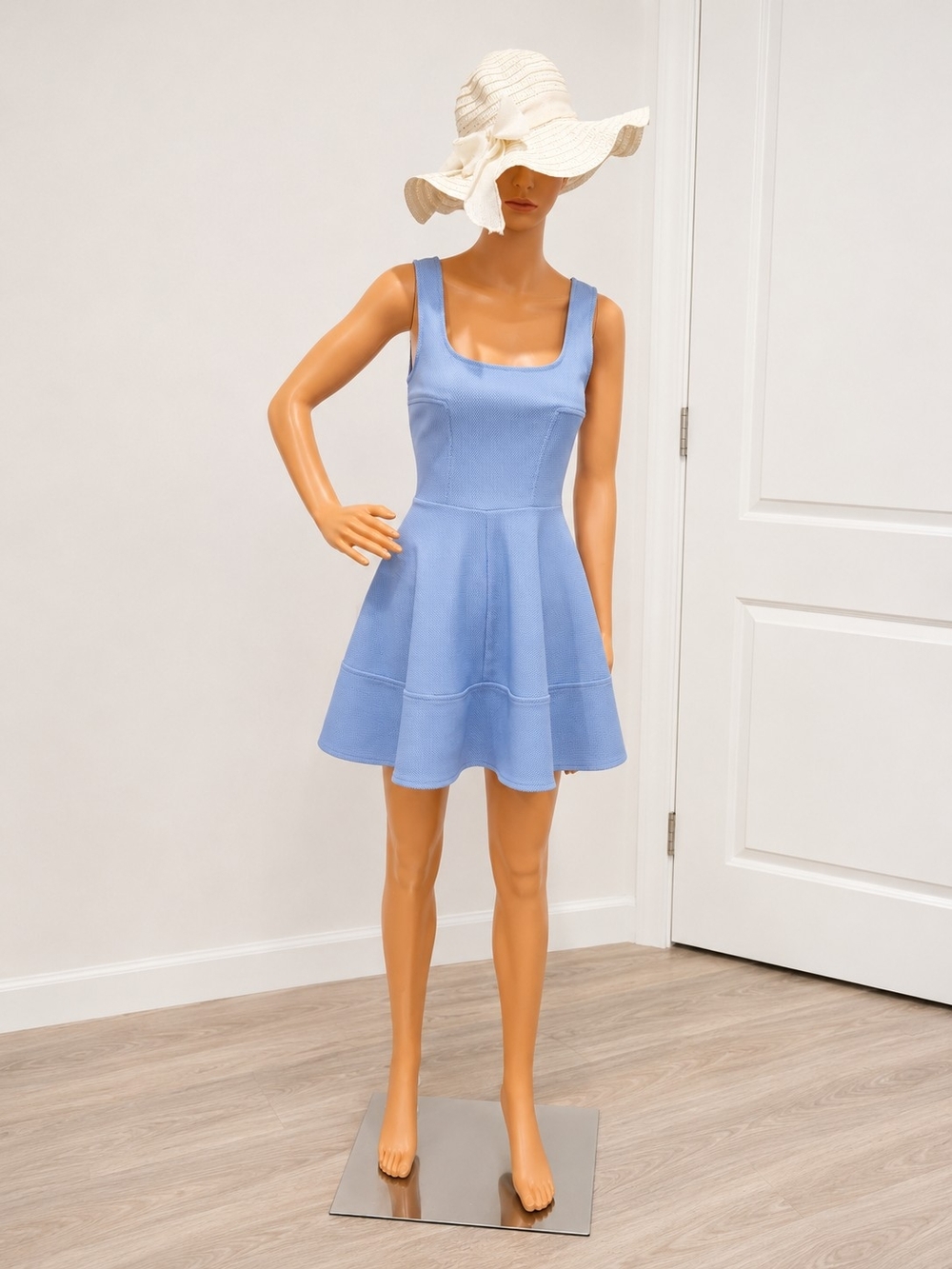 Light Blue Scoop Neck Fit-and-Flare Dress